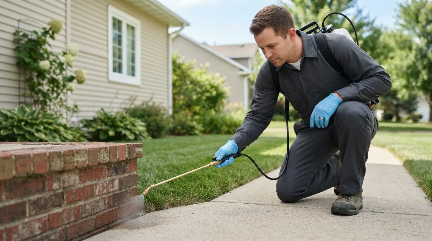 Pest control technician treating a home near Saint Albans, VT